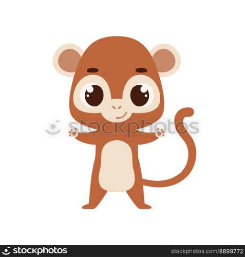 Cute little monkey on white background. Cartoon animal character for kids cards, baby shower, invitation, poster, t-shirt composition, house interior. Vector stock illustration