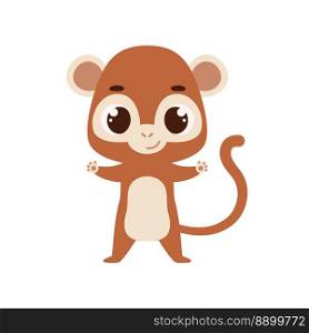 Cute little monkey on white background. Cartoon animal character for kids cards, baby shower, invitation, poster, t-shirt composition, house interior. Vector stock illustration