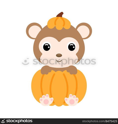 Cute little monkey sitting in a pumpkin. Cartoon animal character for kids t-shirts, nursery decoration, baby shower, greeting card, invitation. Vector stock illustration