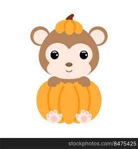 Cute little monkey sitting in a pumpkin. Cartoon animal character for kids t-shirts, nursery decoration, baby shower, greeting card, invitation. Vector stock illustration