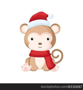 Cute little monkey sitting in a Santa hat and red scarf. Cartoon animal character for kids t-shirts, nursery decoration, baby shower, greeting card, invitation. Isolated vector stock illustration