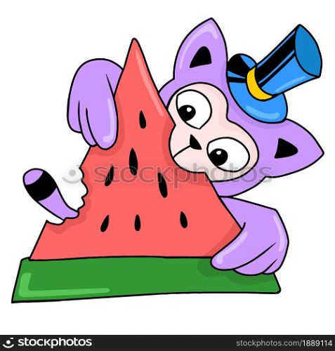 cute little monster eating watermelon. cartoon illustration sticker emoticon
