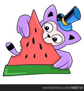 cute little monster eating watermelon. cartoon illustration sticker emoticon