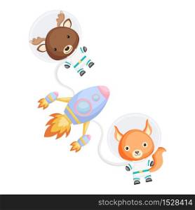 Cute little moose and squirrel astronauts flying in open space. Graphic element for childrens book, album, scrapbook, postcard, invitation. Flat vector stock illustration isolated on white background.