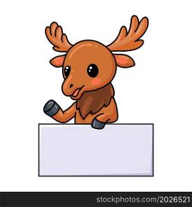 Cute little moose cartoon with blank sign