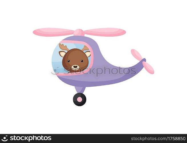 Cute little moose pilot in violet helicopter. Cartoon character for childrens book, album, baby shower, greeting card, party invitation, house interior. Vector stock illustration.
