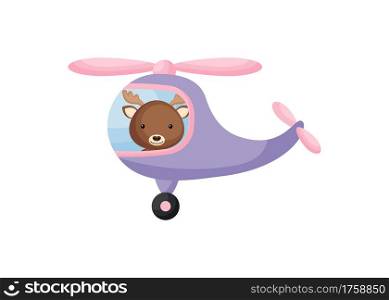Cute little moose pilot in violet helicopter. Cartoon character for childrens book, album, baby shower, greeting card, party invitation, house interior. Vector stock illustration.