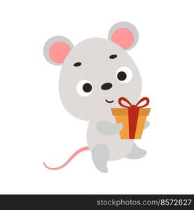 Cute little mouse carries gift box on white background. Cartoon animal character for kids t-shirts, nursery decoration, baby shower, greeting card, house interior. Vector stock illustration