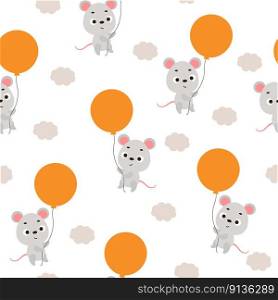 Cute little mouse flying on balloon seamless childish pattern. Funny cartoon animal character for fabric, wrapping, textile, wallpaper, apparel. Vector illustration