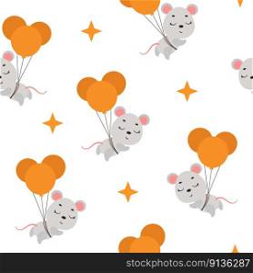 Cute little mouse flying on balloons seamless childish pattern. Funny cartoon animal character for fabric, wrapping, textile, wallpaper, apparel. Vector illustration