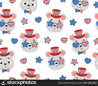 Cute little mouse head in USA patriotic hat seamless childish pattern. Funny cartoon animal character for fabric, wrapping, textile, wallpaper, apparel. Vector illustration