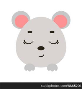 Cute little mouse head with closed eyes. Cartoon animal character for kids t-shirts, nursery decoration, baby shower, greeting card, invitation, house interior. Vector stock illustration