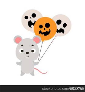 Cute little mouse holding Halloween balloons. Cartoon animal character for kids t-shirts, nursery decoration, baby shower, greeting card, invitation. Vector stock illustration