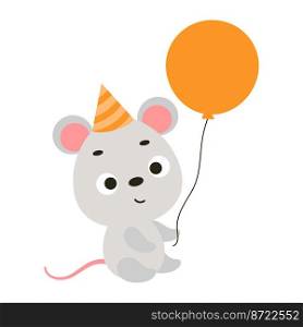 Cute little mouse in birthday hat holding balloon. Cartoon animal character for kids t-shirt, nursery decoration, baby shower, greeting card, house interior. Vector stock illustration
