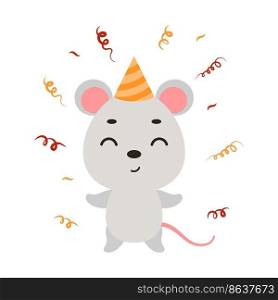 Cute little mouse in birthday hat on white background. Cartoon animal character for kids t-shirt, nursery decoration, baby shower, greeting card, house interior. Vector stock illustration