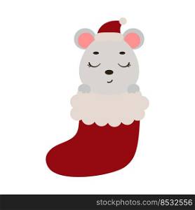 Cute little mouse in Christmas sock. Cartoon animal character for kids cards, baby shower, invitation, poster, t-shirt composition, house interior. Vector stock illustration.