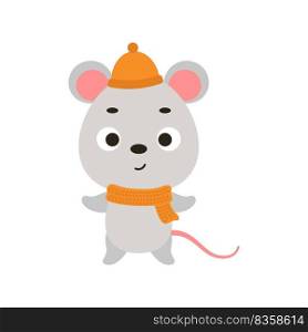 Cute little mouse in hat and scarf. Cartoon animal character for kids t-shirts, nursery decoration, baby shower, greeting card, invitation, house interior. Vector stock illustration