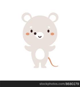 Cute little mouse on white background. Cartoon animal character for kids cards, baby shower, invitation, poster, t-shirt composition, house interior. Vector stock illustration