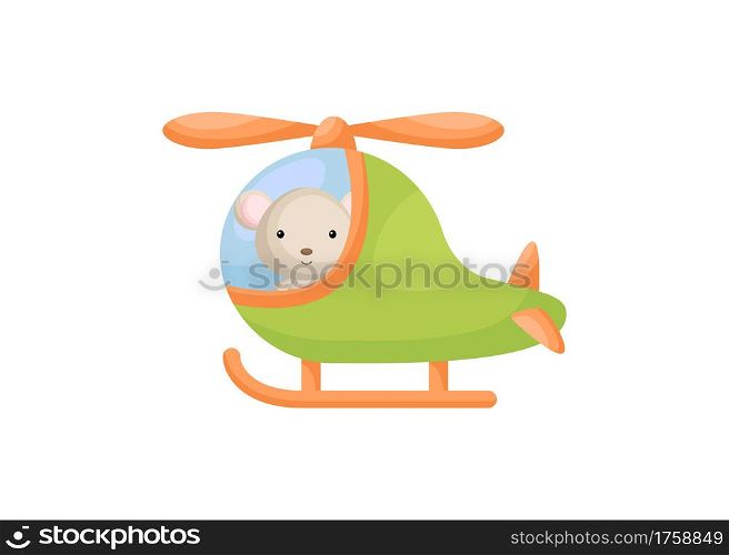Cute little mouse pilot in green helicopter. Cartoon character for childrens book, album, baby shower, greeting card, party invitation, house interior. Vector stock illustration.