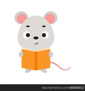Cute little mouse reading book on white background. Cartoon animal character for kids t-shirt, nursery decoration, baby shower, greeting card, house interior. Vector stock illustration