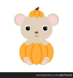 Cute little mouse sitting in a pumpkin. Cartoon animal character for kids t-shirts, nursery decoration, baby shower, greeting card, invitation. Vector stock illustration