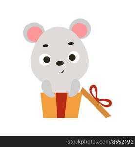 Cute little mouse sitting in gift box. Cartoon animal character for kids t-shirts, nursery decoration, baby shower, greeting cards, invitations, house interior. Vector stock illustration.