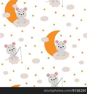 Cute little mouse sitting on cloud and fishing star seamless childish pattern. Funny cartoon animal character for fabric, wrapping, textile, wallpaper, apparel. Vector illustration