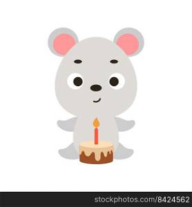 Cute little mouse with birthday cake on white background. Cartoon animal character for kids cards, baby shower, invitation, poster, t-shirt composition, house interior. Vector stock illustration
