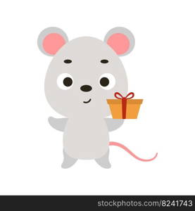 Cute little mouse with gift box on white background. Cartoon animal character for kids t-shirt, nursery decoration, baby shower, greeting card, invitation, house interior. Vector stock illustration