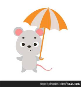 Cute little mouse with umbrella. Cartoon animal character for kids t-shirts, nursery decoration, baby shower, greeting card, invitation, house interior. Vector stock illustration