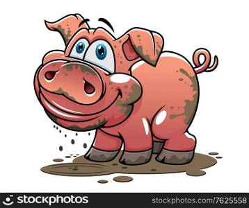 Cute little muddy pink cartoon piglet or pig with a happy grin and curly tail dripping mud for farm and agriculture industry design. Cute little muddy cartoon pig