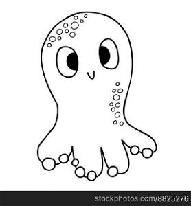 Cute little octopus. Funny underwater animal. Vector illustration. Outline hand drawing doodle. For kids collection, design, decor, coloring, cards and print, coloring page