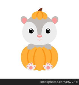 Cute little opossum sitting in a pumpkin. Cartoon animal character for kids t-shirts, nursery decoration, baby shower, greeting card, invitation. Vector stock illustration