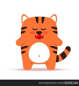 Cute little orange tiger cat in a flat style. Animal symbol for Chinese New Year 2022. The tiger is standing. For banner, nursery decor. Vector hand drawn illustration. Cute little orange tiger cat in a flat style. Animal symbol for Chinese New Year 2022. The tiger is standing. For banner, nursery decor. Vector hand drawn illustration.