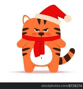 Cute little orange tiger cat in a flat style. The symbol of the Chinese New Year 2022. Animal with a Christmas cap and scarf. An angry sullen tiger standing. For nursery decor. Vector illustration. Cute little orange tiger cat in a flat style. The symbol of the Chinese New Year 2022. Animal with a Christmas cap and scarf. An angry sullen tiger standing. For nursery decor. Vector illustration.