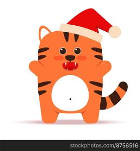 Cute little orange tiger cat in a flat style. The symbol of the Chinese New Year 2022. Animal with a Christmas cap. The joyful tiger is standing. For banner, nursery decor. Vector illustration. Cute little orange tiger cat in a flat style. The symbol of the Chinese New Year 2022. Animal with a Christmas cap. The joyful tiger is standing. For banner, nursery decor. Vector illustration.