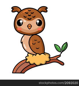 Cute little owl cartoon on tree branch