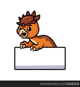 Cute little pachycephalosaurus dinosaur cartoon with blank sign