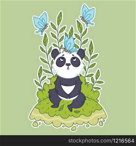 Cute little panda bear sitting in a meadow and blue butterflies are flying around. Cute vector illustration for children. Vector illustration for posters, cards, t-shirts.