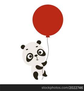 Cute little panda flying on red balloon. Cartoon animal character for kids cards, baby shower, invitation, poster, t-shirt composition, house interior. Vector stock illustration.