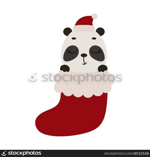 Cute little panda in Christmas sock. Cartoon animal character for kids cards, baby shower, invitation, poster, t-shirt composition, house interior. Vector stock illustration.