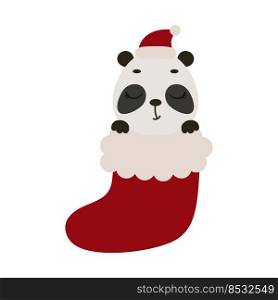 Cute little panda in Christmas sock. Cartoon animal character for kids cards, baby shower, invitation, poster, t-shirt composition, house interior. Vector stock illustration.