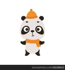 Cute little panda in hat and scarf. Cartoon animal character for kids t-shirts, nursery decoration, baby shower, greeting card, invitation, house interior. Vector stock illustration
