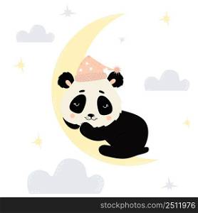 Cute little panda in nightcap sweetly sleeps on moon on white background with clouds. Vector illustration. Cute animal in scandinavian style for nursery and posters, design, decor and print