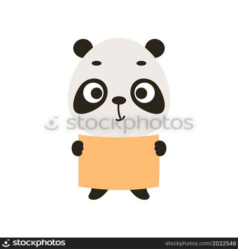 Cute little panda keep paper sheet on white background. Cartoon animal character for kids cards, baby shower, invitation, poster, t-shirt composition, house interior. Vector stock illustration.