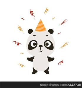 Cute little panda on birthday hat on white background. Cartoon animal character for kids cards, baby shower, invitation, poster, t-shirt composition, house interior. Vector stock illustration.