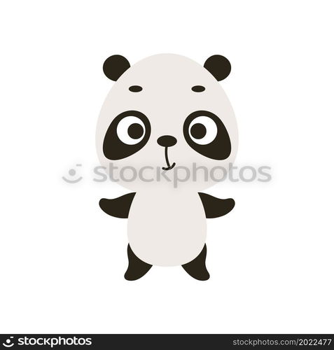 Cute little panda on white background. Cartoon animal character for kids cards, baby shower, invitation, poster, t-shirt composition, house interior. Vector stock illustration.