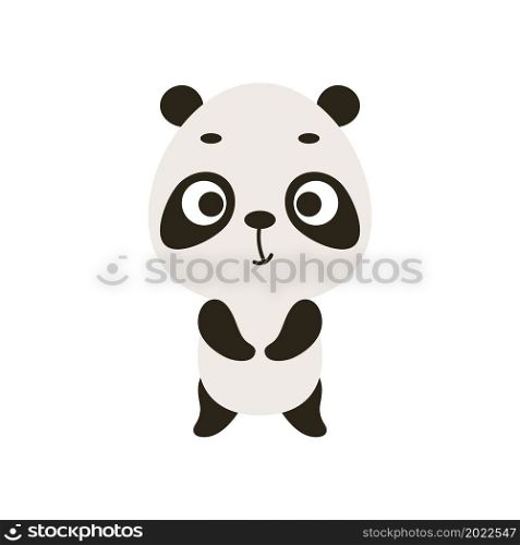 Cute little panda on white background. Cartoon animal character for kids cards, baby shower, invitation, poster, t-shirt composition, house interior. Vector stock illustration.