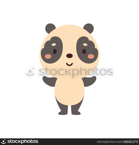 Cute little panda on white background. Cartoon animal character for kids cards, baby shower, invitation, poster, t-shirt composition, house interior. Vector stock illustration