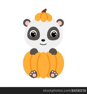 Cute little panda sitting in a pumpkin. Cartoon animal character for kids t-shirts, nursery decoration, baby shower, greeting card, invitation. Vector stock illustration